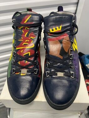 Men's Navy Leather Balenciaga High-Top Sneakers with LeBron James Graphic Accent
